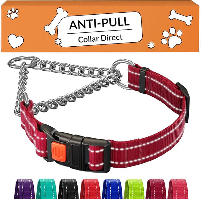 CollarDirect Martingale Dog Collar with Stainless Steel Chain and Quick Release Buckle - Reflective Collar for Large, Medium, Small Dogs - Dark Red, Small (Neck Size 12"-15")