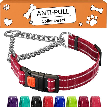 CollarDirect Martingale Dog Collar with Stainless Steel Chain and Quick Release Buckle - Reflective Collar for Large, Medium, Small Dogs - Dark Red, Medium (Neck Size 14"-17")