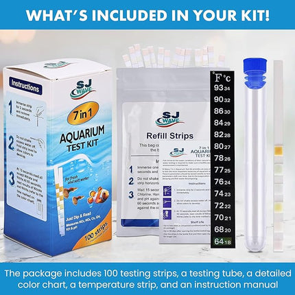7 in 1 - Aquarium Test Strips | 100 Fast & Accurate Strips | Fish Tank Aquariums Water Test Kit & ebook | Aquarium Thermometer | Fish Tank Water Testing Kit for Fresh & Saltwater | Versatile Usage