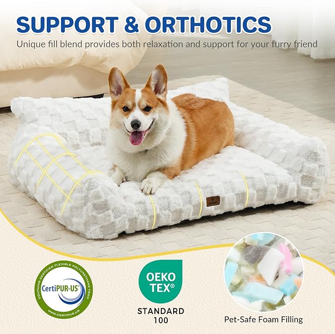 Cat Bed Dog Couch for Puppy and Kitten, Fluffy Dog Bed Medium Dogs Couch, Supportive Cat beds for Indoor Cats, Washable Cover & Non-Slip, 32 inch, White