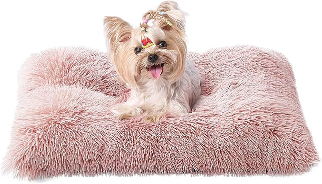 EHEYCIGA Fluffy Dog Bed, Plush Faux Fur Crate Pad, Calming Anti Anxiety Small Dog Bed, Washable Soft Warm Crate Mat with Non-Slip Bottom, Pink