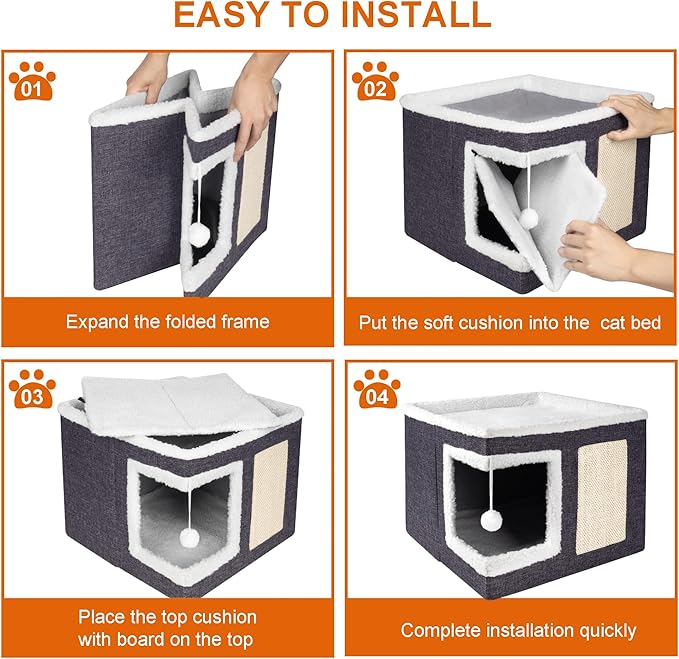 Cat Houses for Indoor Cats - Large Cat Bed Cave with Scratch Pad and Fluffy Ball, Foldable Cat Condo Hideaway with Reversible Cushion for Multi Small Pet, Dark Grey