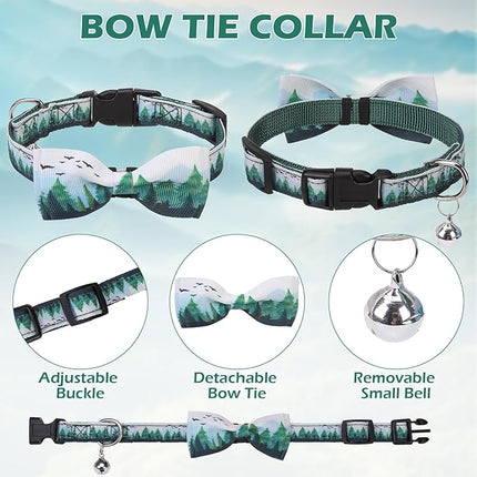 EXPAWLORER Small Dog Collar and Leash Set - Adjustable Dog Bandana Collar with Bell, Cute Dog Collar with Bow, Green Trees Pattern Pet Collar for Small Dogs Cats for Walking Training