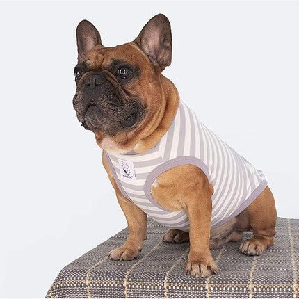 iChoue French Bulldog 100% Breathable Cotton Striped T Shirts Halloween Vest Clothes for Medium Dogs Tank Tops Frenchie Pug English Boston Terrier Pitbull Grey White Stripes - Large Plus