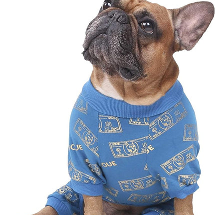 iChoue English Bulldog Pajamas Onesie Suit PJS Bodysuits for Medium Dogs Large French Frenchie Pug Pitbull Boston Terrier - Blue Money, XL