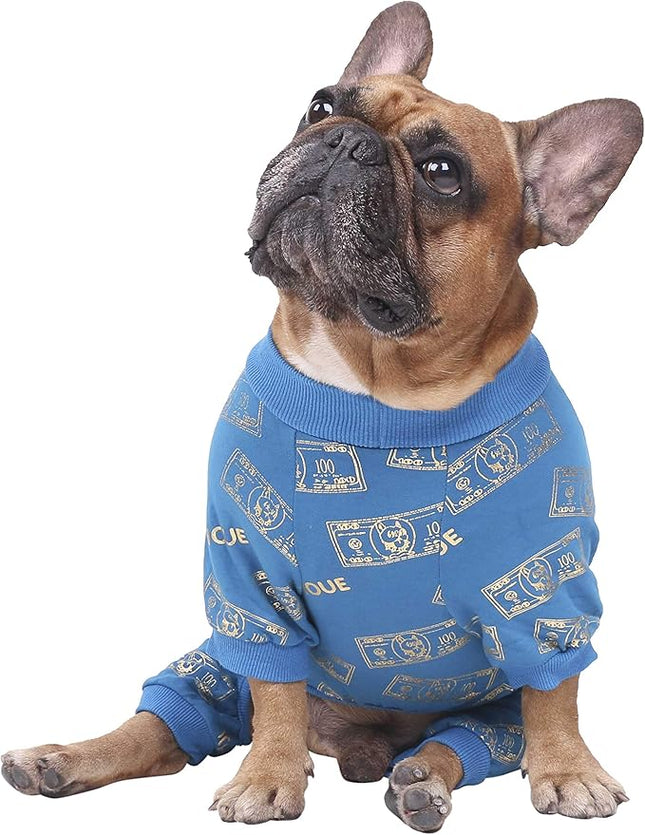 iChoue English Bulldog Pajamas Onesie Suit PJS Bodysuits for Medium Dogs Large French Frenchie Pug Pitbull Boston Terrier - Blue Money, XL