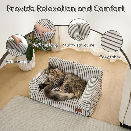 Hollypet Fluffy Plush Pet Cat Couch Soft Calming Pet Sofa Beds for Medium Small Cats and Dogs, Dark Gray Stripes