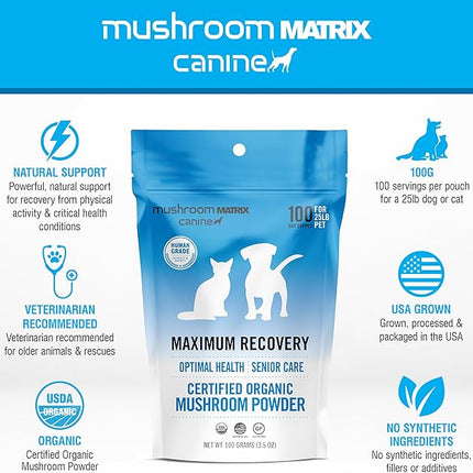 Om Mushroom Matrix Pet - Canine | Maximum Recovery | USA Grown Human-Grade Organic Mushroom Powder Pet Supplement | Optimal Health & Senior Care for Dogs & Cats | 100 Grams, 3.5 oz
