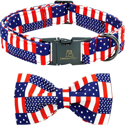 Lionheart glory American Flag Dog Collar 4 of July Independence Patriotic Dog Bow Collars Heavy Duty Adjustable Soft Collar with Bowtie for Small Dogs Pet Gift