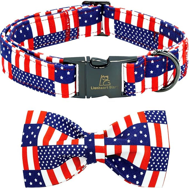 Lionheart glory American Flag Dog Collar 4 of July Independence Patriotic Dog Bow Collars Heavy Duty Adjustable Soft Collar with Bowtie for Small Dogs Pet Gift