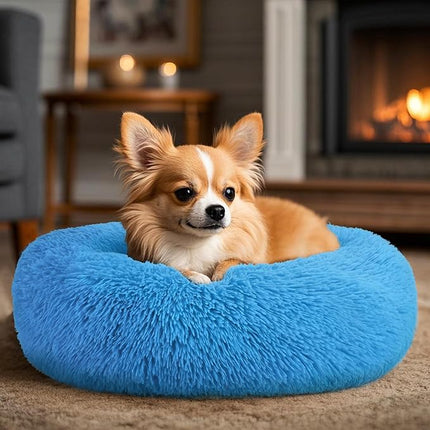 Hoewina Dog & Cat Bed, 20in Cat Beds for Indoor Cats, Calming Donut Bed for Puppy and Kitten, Washable Round Fluffy Pet Bed for Small Medium Dogs and Cats (Light Blue)