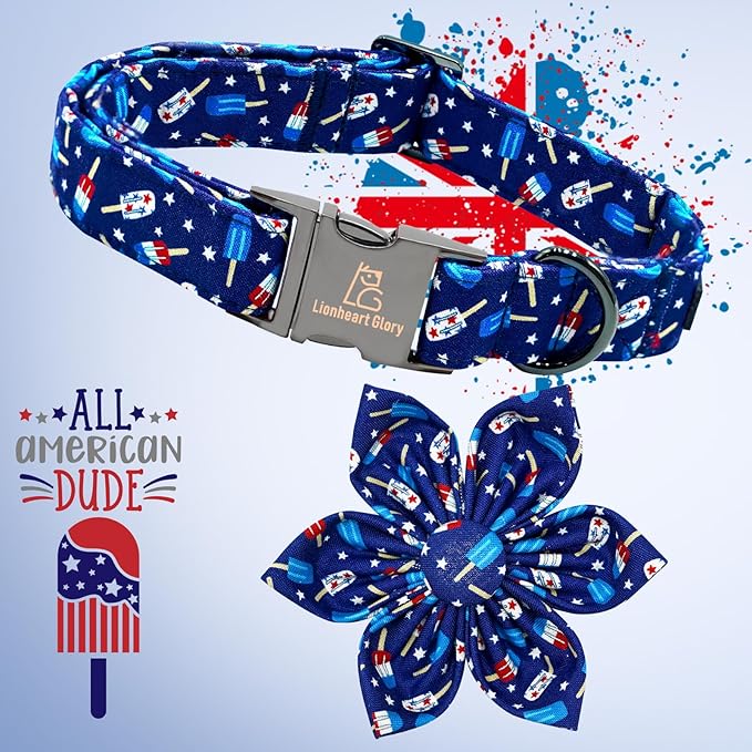 Lionheart glory American Flag Dog Collar 4 of July Dog Collars with Flower Independence Patriotic Dog Flower Collars Heavy Duty Adjustable Collar Flower for Small Dogs Pet Gift
