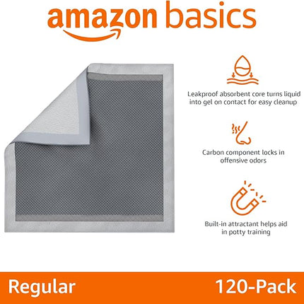 Amazon Basics Carbon Odor-Control Dog and Puppy Pee Pads, 5-Layer Leak-Proof Super Absorbent, Quick-Dry Surface, Potty Training, Regular (22x22"), 120 Count, Gray