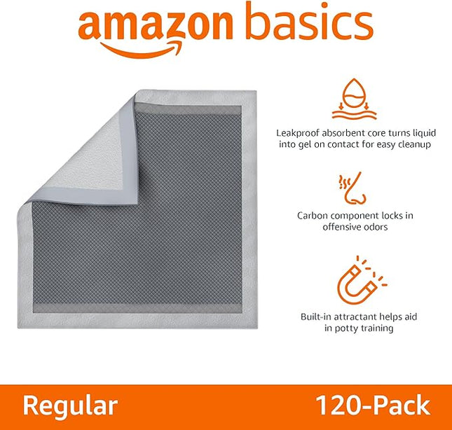 Amazon Basics Carbon Odor-Control Dog and Puppy Pee Pads, 5-Layer Leak-Proof Super Absorbent, Quick-Dry Surface, Potty Training, Regular (22x22"), 120 Count, Gray
