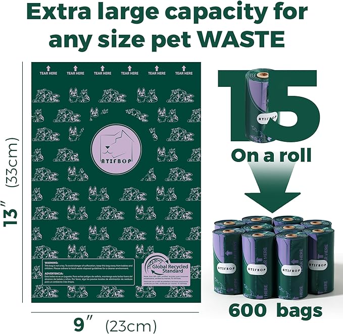 Dog Poop Bags Rolls, Extra Thick and Leak-proof Poop Bag for Dogs, 600 Bags 40 Refill Rolls, Scented Waste Bag for Dog and Cat, Made form 65% Recycled Plastics