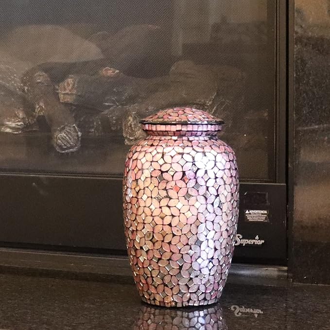 Liliane Memorials Mosaic Glass Cremation Urn - Hand Made Funeral Urn for Human Ashes - Large Adult Size - Pink, Mosaic Pattern - 200 cu in