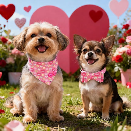 EXPAWLORER Valentine's Day Dog Collar and Leash Set - Pink Heart Dog Bow Tie and Dog Bandana Collar with Bell, Dog Leash Tangle Free, Adjustable Collars for Small Dogs Cats, Holiday Ideal Gift, S