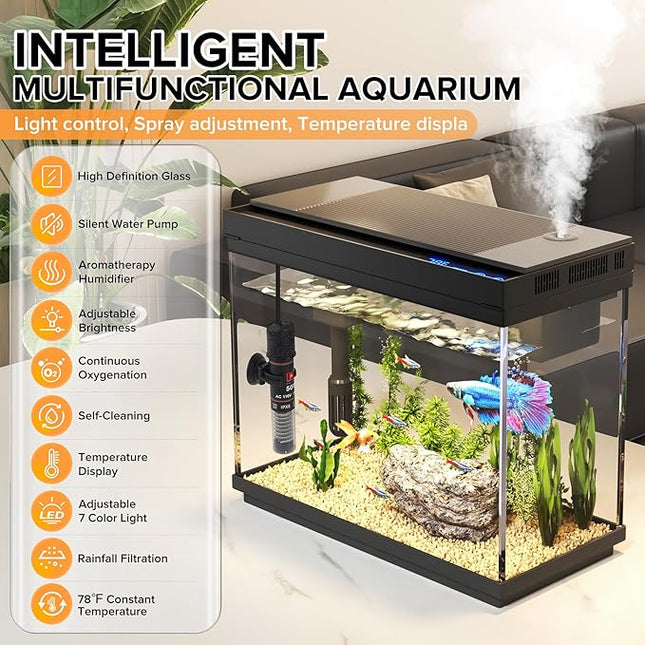 Fish Tank 2.4 Gallon Aquarium with Heater, 3-in-1 Silent Pump with Filteration & Oxygenation & Circulation, 7-Color Timer Cycle Light, Temperature Display, Humidifier, HD Glass Fish Bowl