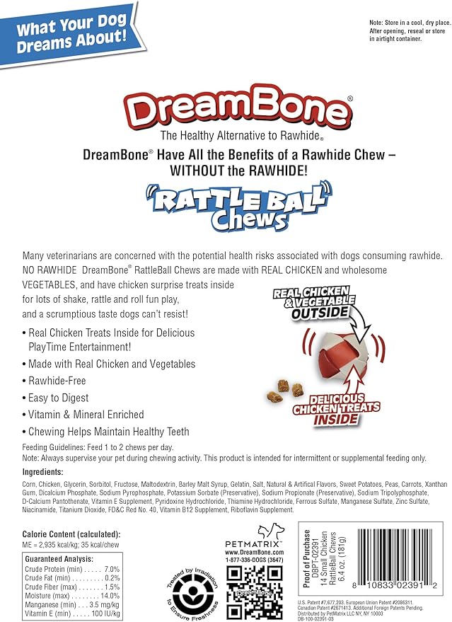 DreamBone RattleBall Small Chews 14 Count, Rawhide-Free Chews For Dogs, With Real Chicken Treats Inside
