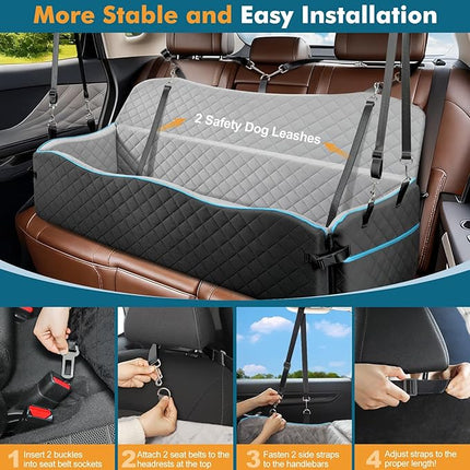 Large Dog Car Seat, Dog Car Bed for Large Dogs Under 120lbs, Pet Booster Seat with Thick Cushion and 2 Safety Leashes, Detachable & Washable Pet Bed for Backseat, Black & Gray