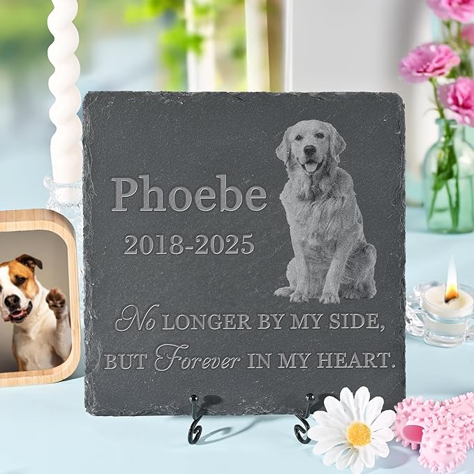 Pet Memorial Stone with Photo, Dog Memorial Gifts for Loss of Dog, Personalized Pet Memorial Gifts, Pet Loss Gift - Forever in My Heart（Square）