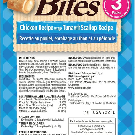 INABA Churu Bites for Cats, Soft Baked Chicken Churu Filled Cat Treats with Green Tea Extract, 0.35 Ounces Each Tube, 9 Tubes Total, Tuna with Scallop Recipe