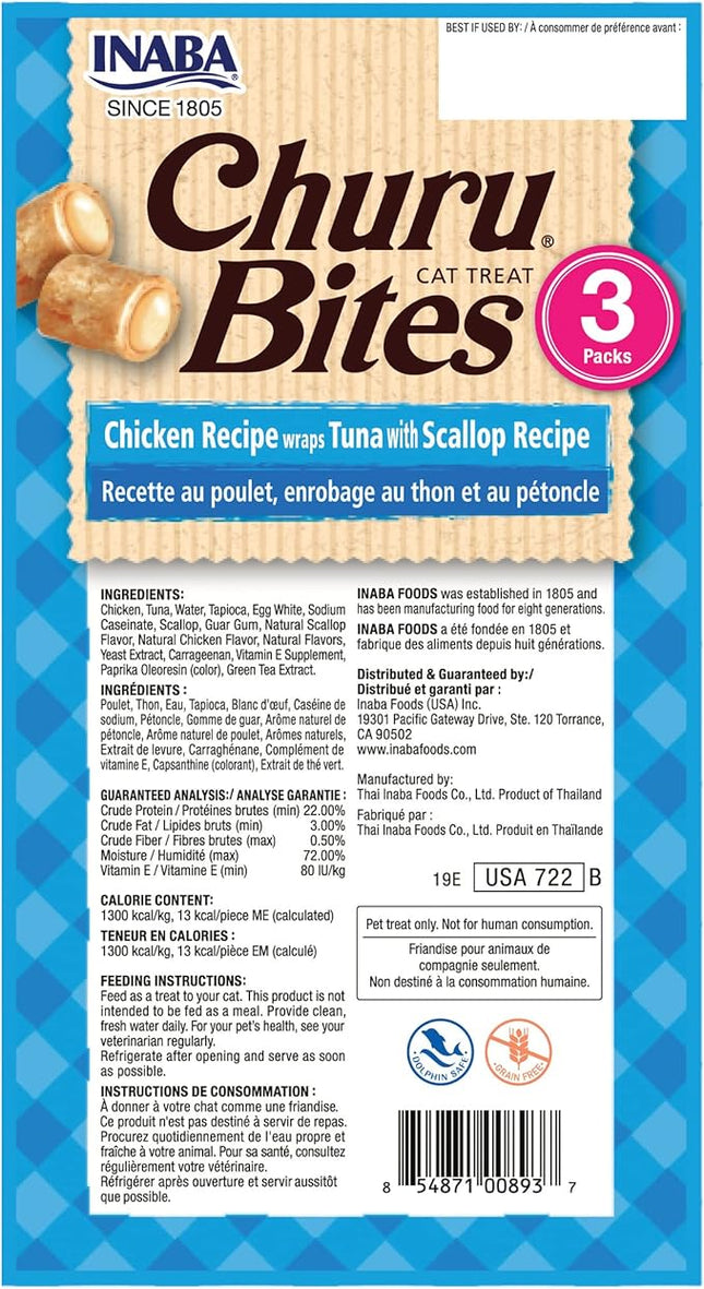 INABA Churu Bites for Cats, Soft Baked Chicken Churu Filled Cat Treats with Green Tea Extract, 0.35 Ounces Each Tube, 9 Tubes Total, Tuna with Scallop Recipe