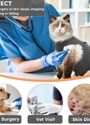 Cat Recovery Suit After Surgery, Breathable Cat Surgery Recovery Suit for Spay Abdominal Wounds or Skin Diseases, E-Collar Alternative Wear for Small Male Female Pets (Dark Grey, L)