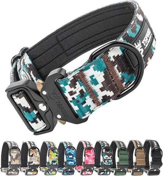 TSPRO Premium Dog Collars Tactical Dog Collar with Patch and Heavy Duty Quick-Release Metal Buckle Durable Thick and Adjustable for Medium to Large Dogs (Camo Cyan M)