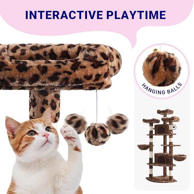 Allewie 73in Fan-Shaped Space-Saving Corner Cat Tower/Multi-Level Tall Cat Tree for Indoor Kitties/Cozy Baskets/Condos/House/Perches/Sisal Scratching Posts/Pet Activity Center/Leopard Print