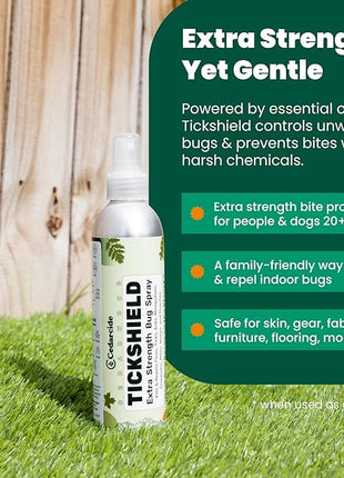 Cedarcide Extra- Strength Tickshield | Deep Woods Cedar Oil Tick & Mosquito Repellent Spray Kills & Repels Ticks, Fleas, Chiggers and Mosquitoes| For People & Pets | Natural Essential Oils | 4 Oz