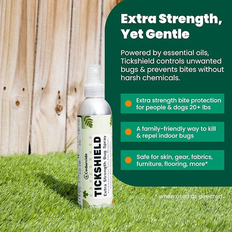Cedarcide Extra- Strength Tickshield | Deep Woods Cedar Oil Tick & Mosquito Repellent Spray Kills & Repels Ticks, Fleas, Chiggers and Mosquitoes| For People & Pets | Natural Essential Oils | 4 Oz