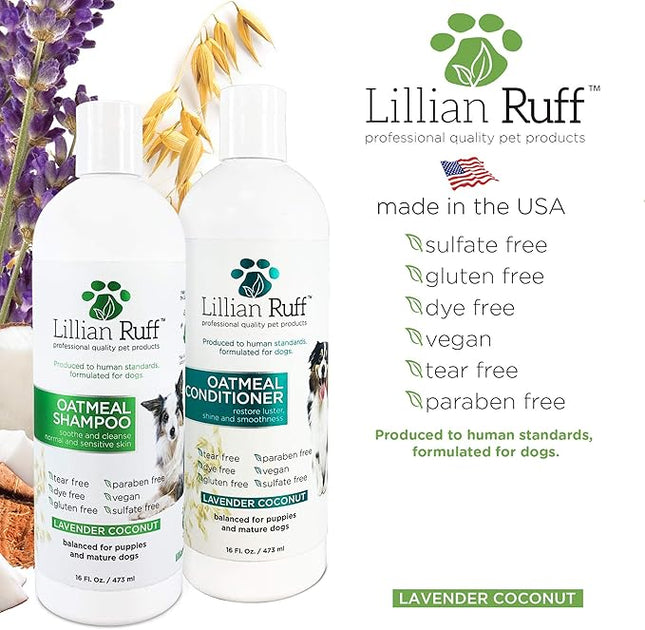 Lillian Ruff PRO Formula Deodorizing Oatmeal Dog Shampoo & Conditioner Set - Calm Itching & Allergies, Ultra-Nourishing Dry Skin Relief - Oatmeal, Aloe, Coconut Oil, Lavender & Provitamin B5, USA Made