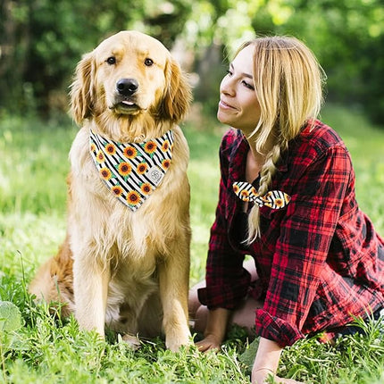 E-Clover Dog Bandanas & Matching Scrunchie Set Sunflower Dog Bandana Scarf Bibs for Medium Large Dogs Girl Pet Owner Birthday Gift Stripe