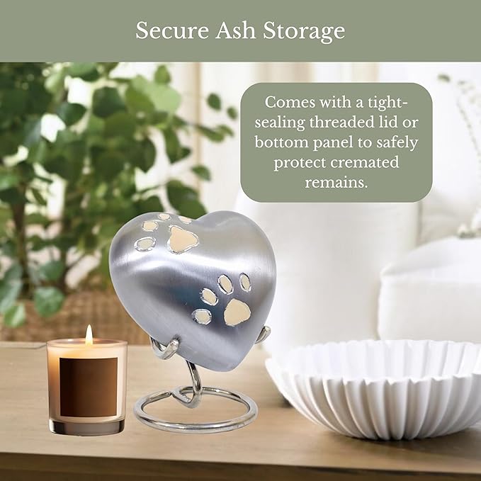 NORSE'S TRADECRAFT Pet Memorial Urn for Ashes| Heart Urn with Paw Engraved Design | Handcrafted Memorial Gifts | Pet Loss Sympathy Gift |Ashes Keepsake with Velvet Box and Stand | Silver - 3 cu in