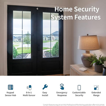 Arlo Home Security System - Wired Keypad Sensor Hub, (2) 8-in-1 Sensors, 24/7 Professional Monitoring + Outdoor 2K (1 Cam) + Bundle - No Contract Required, Alarm System for Home Security