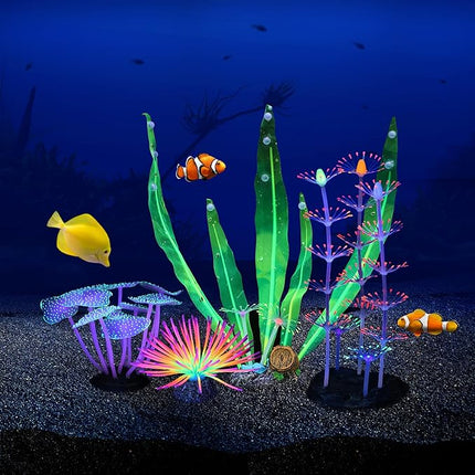 Glowing Fish Tank Decorations Plants, 4 pcs Aquarium Ornaments - Purple Coral, Rainbow Sea Urchin Ball/Small, Green Kelp, Pink Feather Coral
