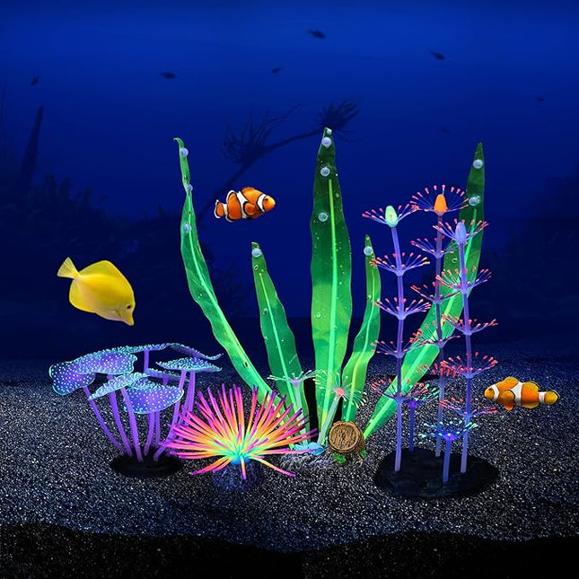 Glowing Fish Tank Decorations Plants, 4 pcs Aquarium Ornaments - Purple Coral, Rainbow Sea Urchin Ball/Small, Green Kelp, Pink Feather Coral