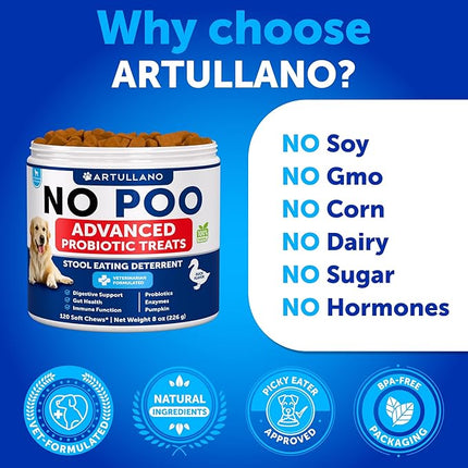 No Poo Chews for Dogs - Coprophagia Stool Eating Deterrent - Stop Eating Poop Treats with Probiotics, Digestive Enzymes, Pumpkin - Prevent Dog, Puppy from Eating Poop - Gut Health Support Supplement
