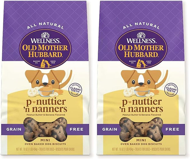 Old Mother Hubbard by Wellness Classic P-Nuttier 'N Nanners Grain Free Natural Dog Treats, Crunchy Oven-Baked Biscuits, Ideal for Training, Mini-Size, 16 Ounce Bag (Pack of 2)