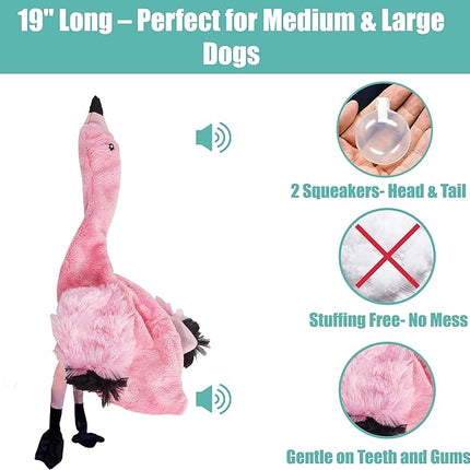 SPOT Skinneeez Flamingo 19 Inch Stuffing-Free Plush Dog Toy with Dual Squeakers – Long Interactive Chew Toy for Medium and Large Dogs – Mess-Free Play for Light & Moderate Chewers