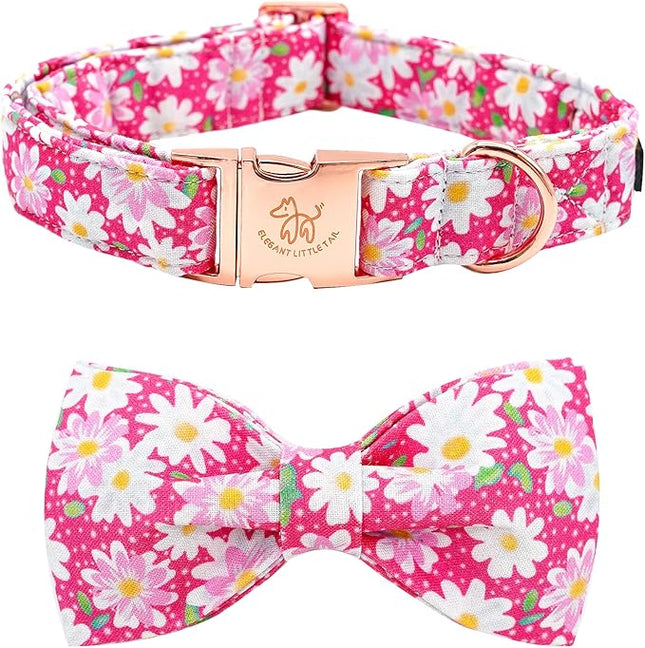 Elegant little tail Dog Collar, Floral Pattern Pet Collars with Bow Girl Cotton Bowtie Collars Spring Puppy Gift Adjustable Pet Collar for Large Dogs