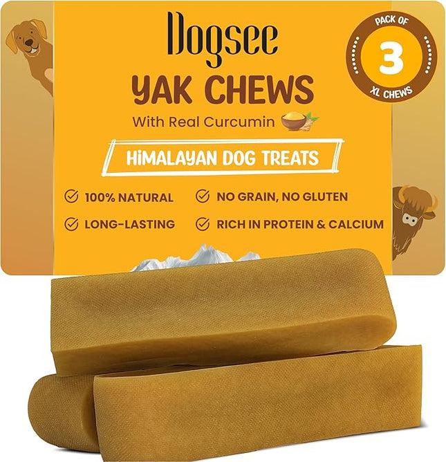 Dogsee Himalayan Yak Chews with Turmeric/Curcumin (XL - 3 Bars) | Yak Chews for Large Dogs | Dog Treats | Helps Joint Pain | Rawhide-Free