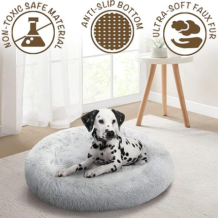 Friends Forever Donut Dog Bed Faux Fur Fluffy Calming Sofa For Large Dogs, Soft & Plush Anti Anxiety Pet Couch For Dogs, Machine Washable Coco Pet Bed with Non-Slip Bottom, 36"x36"x8" Ivory