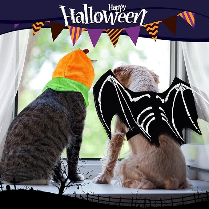 2 Pieces Halloween Pet Costumes Halloween Cat Bat Costume with Night Fluorescence and Halloween Pet Pumpkin Hat for Pet Cat and Small Dog Halloween Party Cosplay Party Decorations