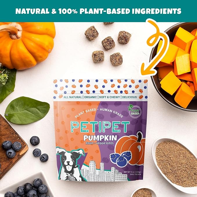 Plant-Based Pumpkin Dog Treats - Pumpkin, Carrot, Apple, and Blueberry Soft & Chewy - Vegetarian, Vegan Dog Treats with Organic Ingredients - Low-Protein, Hypoallergenic, Gluten-Free