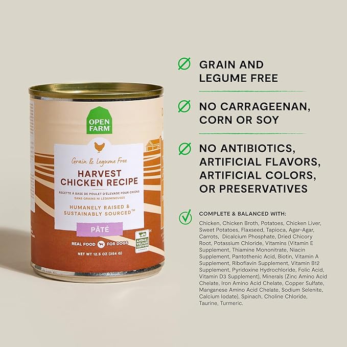 Open Farm Canned Dog Food, Paté for Complete & Balanced Nutrition, Grain-Free and Legume-Free, Harvest Chicken Recipe, 12.5oz Cans (Pack of 12)
