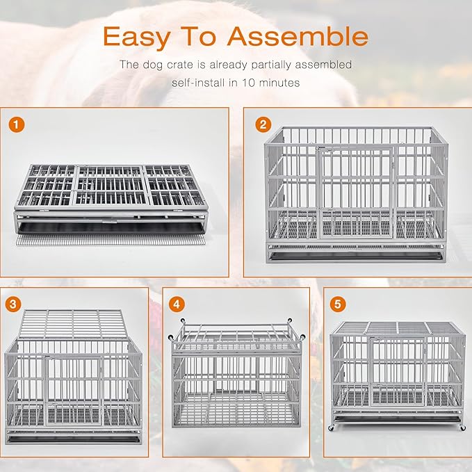 48 Inch Heavy Duty Dog Crate Cage Kennel with Wheels, Indestructible High Anxiety Dog Crate, Sturdy Locks Design, Double Door and Removable Tray Design, Extra Large XL XXL Dog Crate