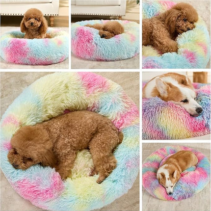 Dog Calming Beds for Small Medium Large Dogs - Round Donut Washable Puppy Dog Bed, Anti-Slip Faux Fur Fluffy Donut Cuddle Anxiety Cat Pet Bed(24'' Color)