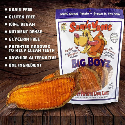 Sams Yams Sweet Potato Dog Treats, Healthy Dog Treats for Large Dogs - Sweet Potato Dog Treats Made in USA, High Fiber, Vegan Dental Chews - Big Boyz, Sweet Potato Dog Chewz, 15oz (Pack of 3)